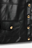 Çift Cepli Düğmeli Crop Deri Ceket Siyah