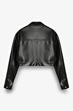 Çift Cepli Düğmeli Crop Deri Ceket Siyah