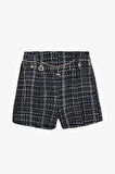 Zincir Kemerli Tüvit Mini Şort Lacivert