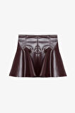 Volanlı Deri Mini Etek Bordo