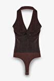 Simli Drape Düğümlü Bodysuit Kahverengi