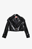 Kroko Desenli Crop Deri Ceket Siyah