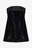 Saten Bantlı Kadife Straplez Mini Elbise Siyah