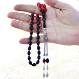 925 Ayar Gümüş Çift Püsküllü Arpa Kesim Süzme Kırmızı Ateş Kehribar Tesbih