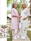 Bone Club 5605 Ekru V Yaka  3Lü Hamile Lohusa Pijama Sabahlık Tk
