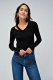 Salsa Jeans V Yaka Standart Düz Siyah Kazak Kadın 21008811
