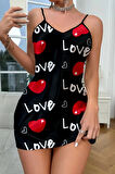 Love Desenli Siyah Saten Gecelik
