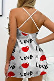 Love Desenli Beyaz Saten Gecelik