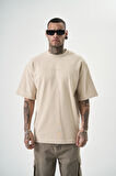 Erkek Da Vinci Baskılı Oversize T-Shirt Bej