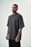 Erkek Da Vinci Baskılı Oversize T-Shirt Füme