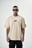 Erkek 22 Yazılı Nakışlı Oversize T-Shirt Bej