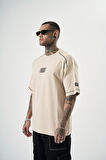 Erkek 22 Yazılı Nakışlı Oversize T-Shirt Bej