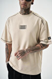 Erkek 22 Yazılı Nakışlı Oversize T-Shirt Bej