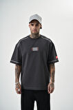 Erkek 22 Yazılı Nakışlı Oversize T-Shirt Füme