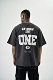 Erkek One Baskılı Oversize T-Shirt Füme
