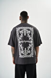 Erkek Ornaments Baskılı Oversize T-Shirt Füme