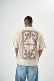 Erkek Ornaments Baskılı Oversize T-Shirt Bej