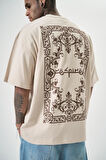 Erkek Ornaments Baskılı Oversize T-Shirt Bej