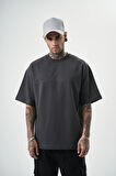 Erkek Focus Nakış Detaylı Oversize T-Shirt Füme