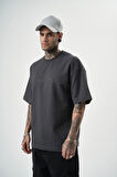 Erkek Focus Nakış Detaylı Oversize T-Shirt Füme