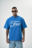 Erkek Trust Yazılı Oversize T-Shirt Mavi