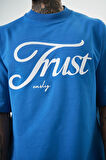 Erkek Trust Yazılı Oversize T-Shirt Mavi