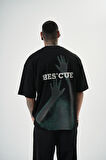 Erkek Res'cue Baskılı Oversize T-Shirt Siyah