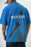 Erkek Res'cue Baskılı Oversize T-Shirt Mavi