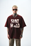 Erkek Star Baskılı Yıkamalı Oversize T-Shirt Bordo