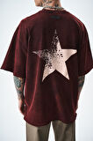 Erkek Star Baskılı Yıkamalı Oversize T-Shirt Bordo