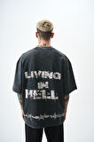 Erkek Hell Baskılı Yıkamalı Oversize T-Shirt Siyah