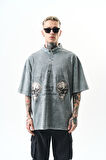 Erkek Still Alive Baskılı Yarım Fermuarlı Yıkamalı Oversize T-Shirt Gri