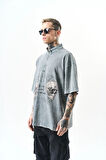 Erkek Still Alive Baskılı Yarım Fermuarlı Yıkamalı Oversize T-Shirt Gri