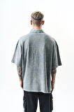Erkek Still Alive Baskılı Yarım Fermuarlı Yıkamalı Oversize T-Shirt Gri