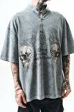 Erkek Still Alive Baskılı Yarım Fermuarlı Yıkamalı Oversize T-Shirt Gri