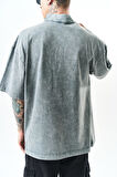 Erkek Still Alive Baskılı Yarım Fermuarlı Yıkamalı Oversize T-Shirt Gri