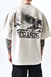 Erkek Pegasus Baskılı Oversize T-Shirt Ekru