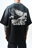 Erkek Pegasus Baskılı Oversize T-Shirt Siyah