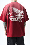 Erkek Pegasus Baskılı Oversize T-Shirt Bordo