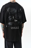 Erkek Eyes Baskılı Oversize T-Shirt Siyah