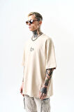 Erkek Eyes Baskılı Oversize T-Shirt Bej