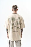 Erkek Eyes Baskılı Oversize T-Shirt Bej