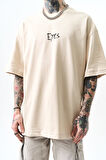 Erkek Eyes Baskılı Oversize T-Shirt Bej