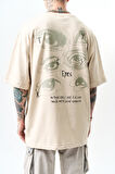 Erkek Eyes Baskılı Oversize T-Shirt Bej