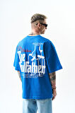 Erkek Godfather Baskılı Oversize T-Shirt Mavi