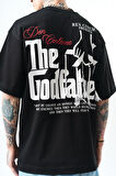 Erkek Godfather Baskılı Oversize T-Shirt Siyah