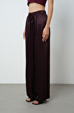 Kadın Bordo Renk Düz %100 Viskoz Bol Paça Beli Lastikli Pantolon
