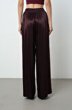Kadın Bordo Renk Düz %100 Viskoz Bol Paça Beli Lastikli Pantolon