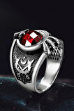 Erkek Gümüş Yüzük - Polis Temalı Kırmızı Yakut Taşlı Erkek Yüzük