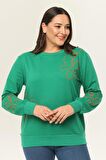 Kadın Büyük Beden Nakış Detaylı Basic Yeşil Sweatshirt